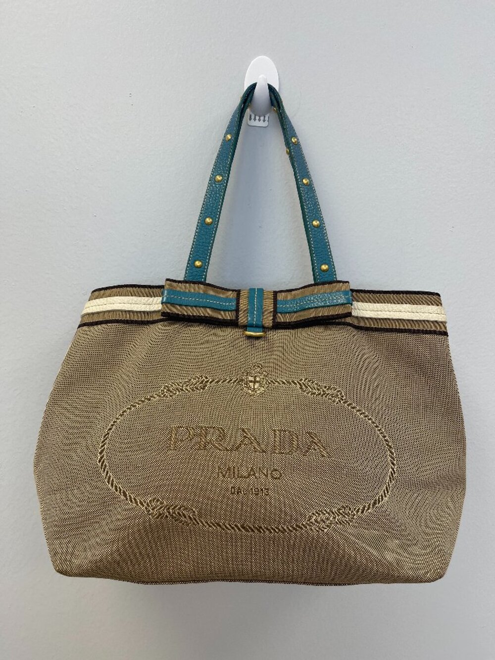 Prada Canapa Canvas and Leather Logo Tote Bag - Blue - Preowned
